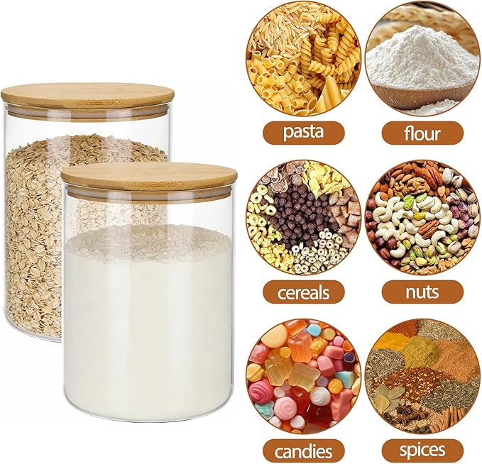 Moretoes 2 Pack 3.6qt Round Glass Storage Containers with Bamboo Press Lids, Extra Large Airtight Pantry Storage Jars for Flour, Sugar, Bulk Dry Goods