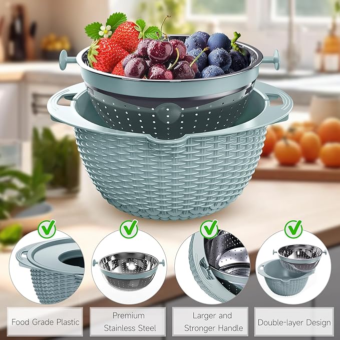 4-1 Strainer with Bowl & Spoons Set - Strainers and Colanders(Patented) - Colanders for kitchen - Food Strainer with New Upgraded Graters & Spoons - Fruit Bowl for Pasta Fruits Veggie- Blue - Image 6