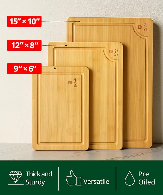ROYAL CRAFT WOOD Wooden Cutting Boards for Kitchen Meal Prep & Serving - Bamboo Wood Serving Board Set with Deep Juice Groove Side Handles - Charcuterie & Chopping Butcher Block for Meat - Image 2