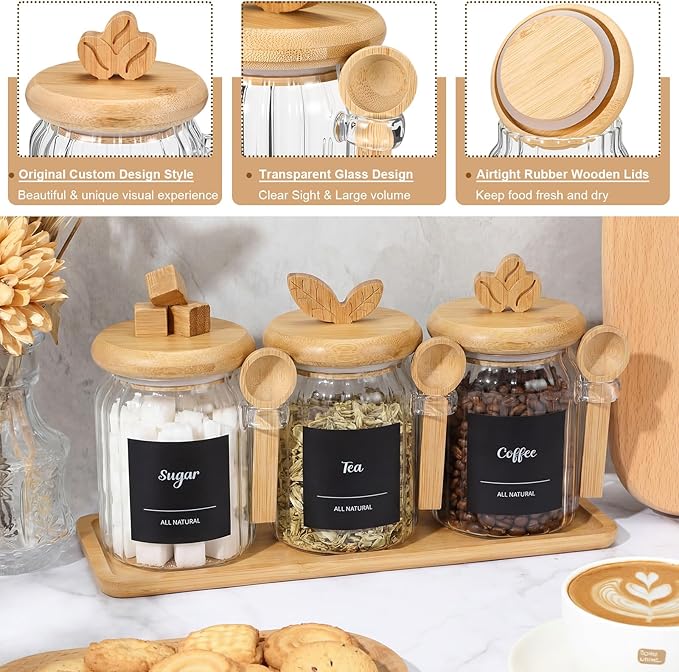 Suclain 3 Pcs Glass Coffee Container with Bamboo Color Lid & Spoon, 20.3 oz Airtight Glass Jar with Wooden Shelf, Food Storage Containers Coffee Jar Tea Container(Bamboo Color) - Image 3