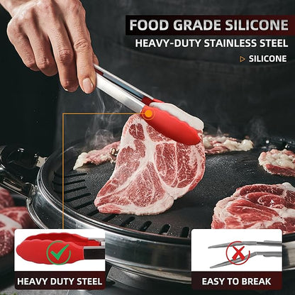 Pack of 3 Stainless Steel Kitchen Tongs with Silicone Tips – Non-Stick Cooking, Grilling & BBQ Tongs for Serving, Dishwasher Safe, 7", 9" & 12" (Pack of 3 Multi-Color)