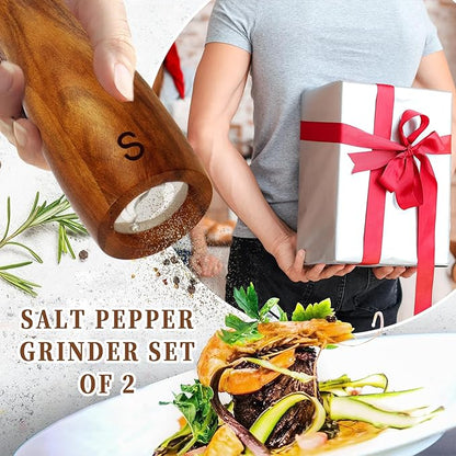 Haomacro 2 Pack Wood Salt and Pepper Grinder Set, Acacia Wood Salt and Pepper Grinder Mill Pepper Grinder Ceramic Stainless Steel Core-8 Inch - Image 6