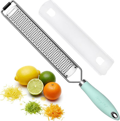 Spring Chef Stainless Steel Lemon Zester Grater with Handle - Garlic, Cheese, Parmesan, Nutmeg, Lime, Ginger Grater - Heavy Duty Kitchen Tool - Citrus Zester with Blade Cover - Fine Shred - Mint