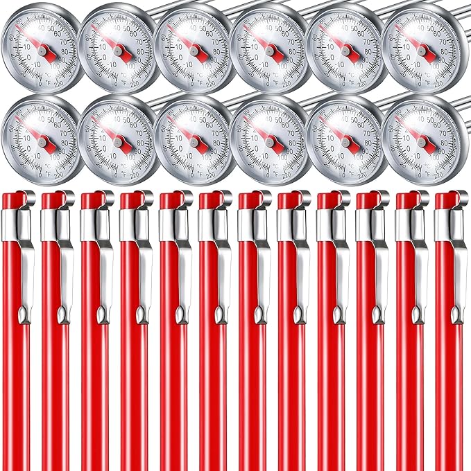 Xuhal 12 Pcs Stainless Steel Kitchen Thermometer with 5 Inch Long Stem 1 Inch Dial Thermometer Milk Frothing Food for Oven Probe Meat Grill BBQ Cooking Chocolate Water (Red) by Xuhal