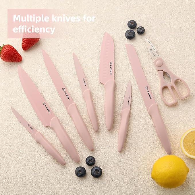 Knife Set, 15 Pieces Knives Sets for Kitchen with Block, Dishwasher Safe Kitchen Knife Set with Built in Sharpener Block, German High Carbon Stainless Steel Knife Block Set with Pink Nonstick Coating - Image 7