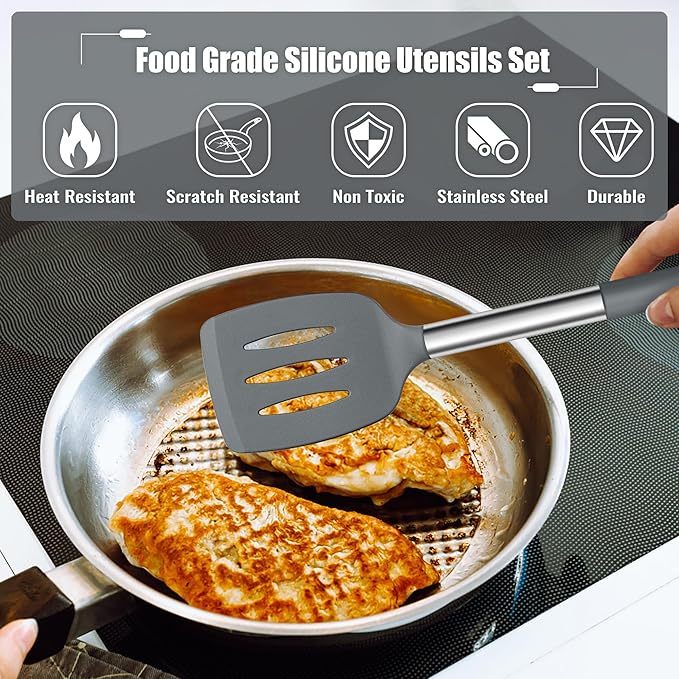 E-far 14 Pieces Silicone Cooking Utensils Set, Kitchen Utensils Set with Holder, Spatula, Ladle, Spoon, Tong, Slotted Turner for Nonstick Cookware, 446°F Heat Resistant & Stainless Steel Handle, Gray - Image 3