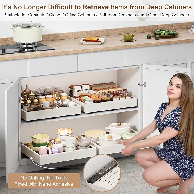 Pull out Cabinet Organizer,Expandable Width(16"-21"),Depth(13"-17") with 3 Rails,Roll out Drawers,No Drill Adjustable Slide out Shelves for Kitchen,Pantry,for Both Lip and Lip-Free Cabinets,White(1PC) - Image 4