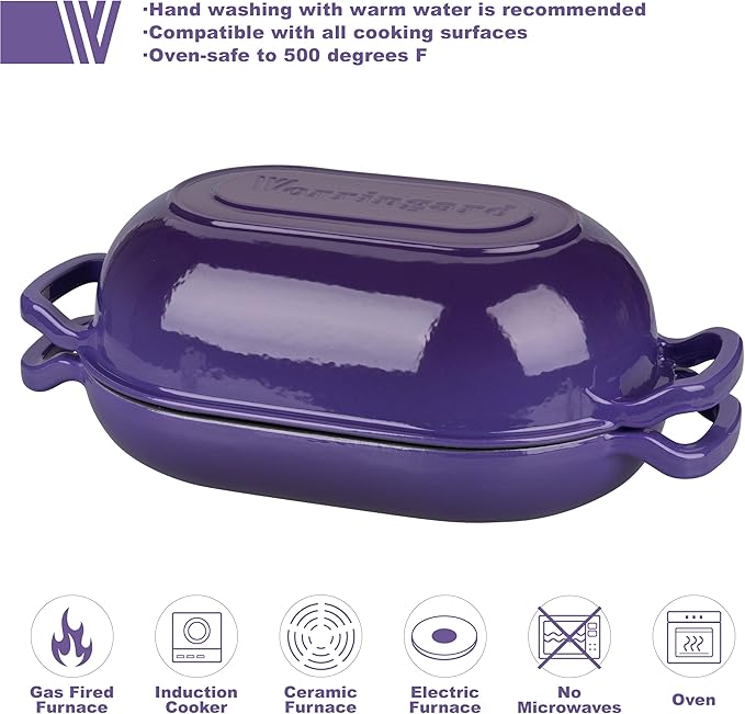 VORRINGARD Enameled Cast Iron Sourdough Bread Oven, Dutch Oven, Loaf Cast Iron Bread Pan for Homemade Bread Baking, Meatloaf Pan with Lid, 5QT, Purple - Image 3