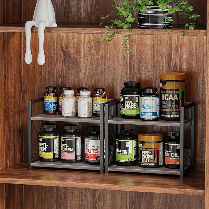 Giikin Countertop Shelf Organizer, 2 Tier Kitchen Spice Rack for Countertop, Wood Coffee Counter Shelf for Home, Particle Board and Metal, Grey, Small - Image 3