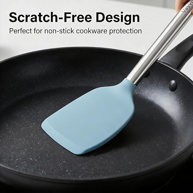 Vayvnt 4PCS Kitchen Utensils Set, Heat Resistant Silicone Utensils Set for Cooking, Non Scratch Spatula Spoons for Non Stick Pan, Large Kitchen Cooking Tools, Metal Long Handle&Dishwasher Safe, Blue