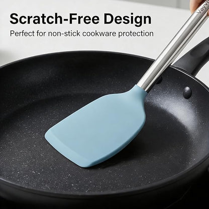 Vayvnt 4PCS Kitchen Utensils Set, Heat Resistant Silicone Utensils Set for Cooking, Non Scratch Spatula Spoons for Non Stick Pan, Large Kitchen Cooking Tools, Metal Long Handle&Dishwasher Safe, Blue