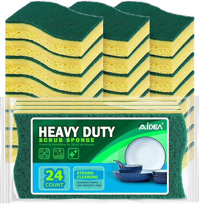 AIDEA Heavy-Duty Scrub Sponges, 24Count, Sponge for Non-Coated Cookware, Kitchen Sponges for Dishes, Scrubbing Power for Tough Messes, Cleaning Sponge for Kitchen, Bathroom, Household by AIDEAHOME