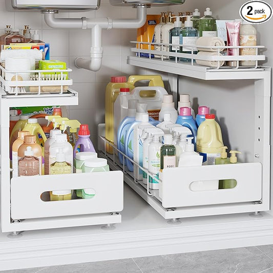Under Sink Organizer Upgrade To Professional Rails,2-Tier Dual Pull Out Cabinet Storage,Height Adjustable Slide Out Drawers For Bathroom Kitchen,2 Pack-21"Dx12.8"-16.9"H,White by UnderSinkOrganizer
