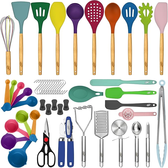 Kaluns 50 PCS Silicone Kitchen Utensils Set Complete Kitchen Set - 800°F Heat Resistant Non-Stick Premium Cooking Utensils W Wooden Handles - Can Opener, Masher, Turner, Silicone Spatula Set - Image 9