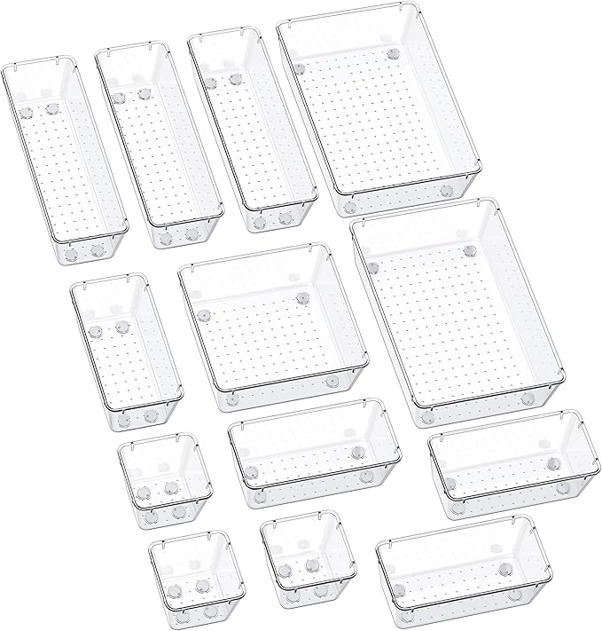 SMARTAKE 13-Piece Drawer Organizers with Non-Slip Silicone Pads, 5-Size Desk Bathroom Drawer Organizer Trays Storage Tray for Makeup, Jewelries, Utensils in Bedroom Dresser, Office and Kitchen, Clear by SMARTAKE