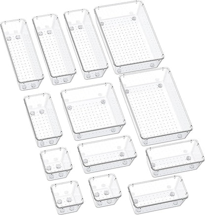 SMARTAKE 13-Piece Drawer Organizers with Non-Slip Silicone Pads, 5-Size Desk Bathroom Drawer Organizer Trays Storage Tray for Makeup, Jewelries, Utensils in Bedroom Dresser, Office and Kitchen, Clear by SMARTAKE