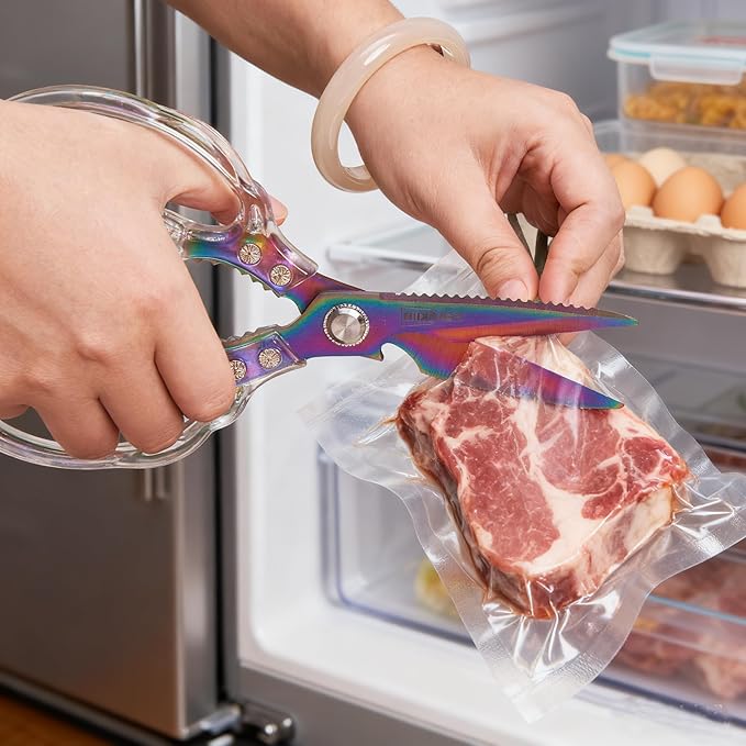 Rust-Resistant Kitchen Scissors, Transparent and Stylish Handle, Suitable For Cutting Various Foods and Their Packaging, Suitable For Large Hands,Colorful Blade