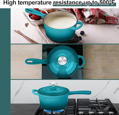 2 Quart Saucepan with Lid, Leonyo Enameled Cast Iron Sauce Pan, Cast Iron Pot and Pan Dutch Oven Induction Cookware for All Cooktops Cooking Soup, Milk, Paste- Up to 500°F & 6.7Lbs, Lake Green