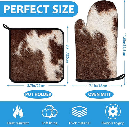 Brown Cow Print Oven Mitts and Pot Holders Sets Heat Resistant 4Pcs Potholders Oven Gloves Hot Pads for Kitchen Baking Cooking Grilling BBQ