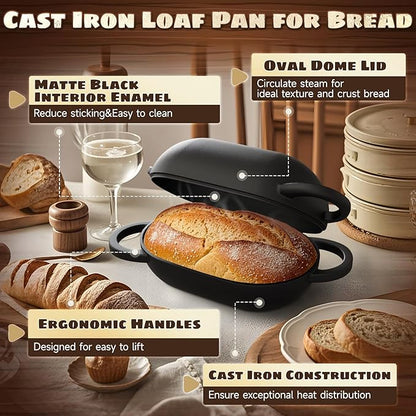 Enameled Cast Iron Oval Bread Oven with Non-Stick Silicone Liner, 2QT, Black, Mini Oval Homemade Sourdough Dutch Oven with Lid, Artisan Bread Loaf Pan for Homemade Bread Five-Years Free Replacement