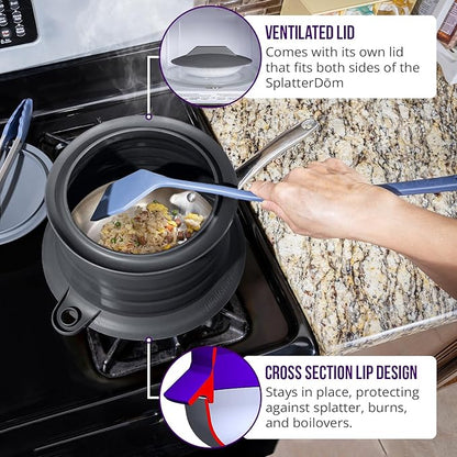 L.I.Q Silicone Splatter Guard – Fits 8 and 10 Inch Pots (20 and 25 Centimeters) – Microwave Safe and Durable SplatterDom - Includes 8” Lid - Food and Oil Splash Guard (Chic Metallic, Small)