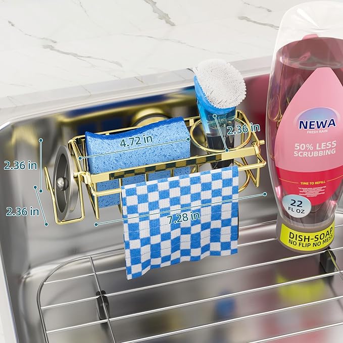 TAILI 4-in-1 Sink Caddy with Strong Suction Cup, Sponge Holder for Kitchen Sink Organizer, Removable, Rustproof, Stainless Steel Holder for Sponge, Brush, Scrubber, Scraper - Gold - Image 3