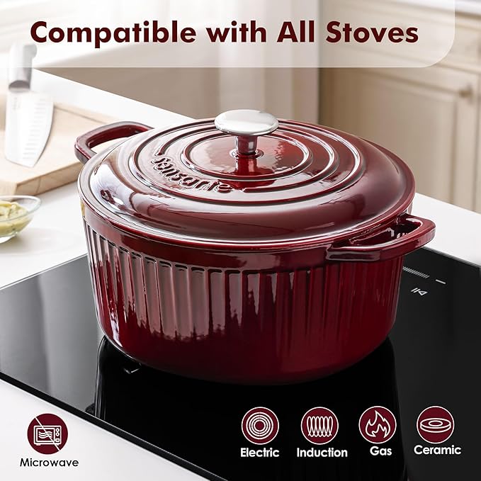 SENSARTE Enameled Cast Iron Dutch Oven Pot with Lid 3.5/5.5/6.5 Quart Heavy-Duty Round Dual Handles Kitchen Pot with Cotton Potholders & Silicone Trivet, Pot for Bread Baking, Stews, Braising, Roasting, Oven Safe, 5.5 Quart, Red