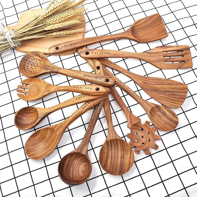 11 Pcs Wooden Kitchen Utensils Set - Wooden Spoons, Spatulas and More for Cooking - Image 3