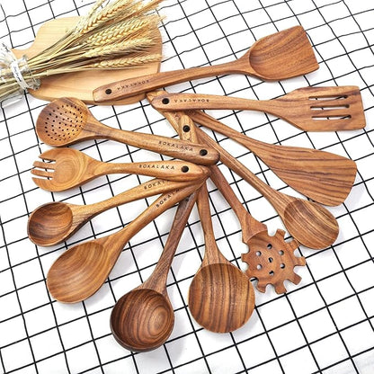 11 Pcs Wooden Kitchen Utensils Set - Wooden Spoons, Spatulas and More for Cooking - Image 3