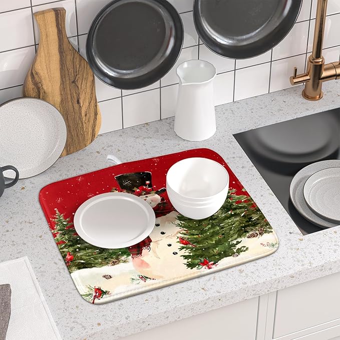 Christmas Snowman Dish Drying Mat for Kitchen Counter 16x18 Inch Watercolor Xmas Tree Bird Print Absorbent Reversible Microfiber Drying Mats Kitchen Countertop Protector Dishes Drainer Rack Pad - Image 6