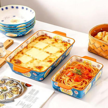 Ceramic Baking Dish Set of 2, 3QT & 1.2QT Stoneware Casserole Dishes for Oven, Rectangular Bakeware with Handles, Oven Safe 480°F, Microwave Dishwasher Safe, Lasagna & Brownie Pan - Ocean Blue