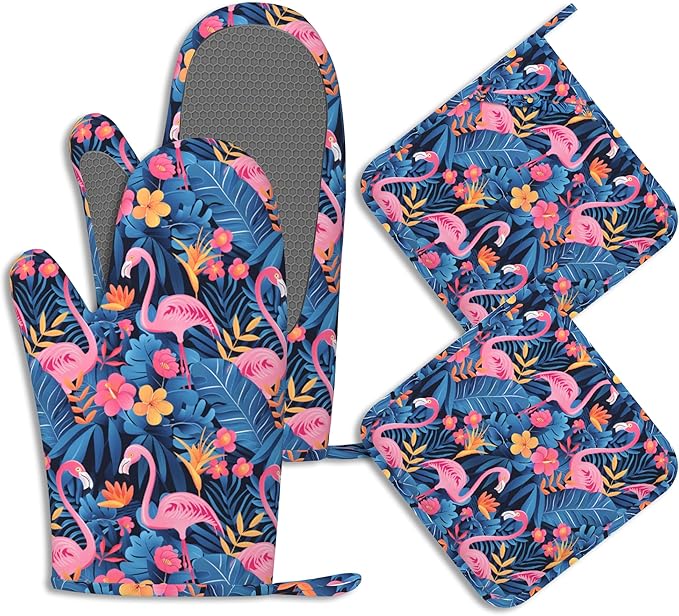 Oven Mitts and Pot Holders Sets Flamingo Tropical Flower Silicone Kitchen Mits Potholders Summer Palm Leaf Heat Resistant 4Pcs Oven Gloves Hot Pads for Baking Cooking BBQ Grilling Home Decor