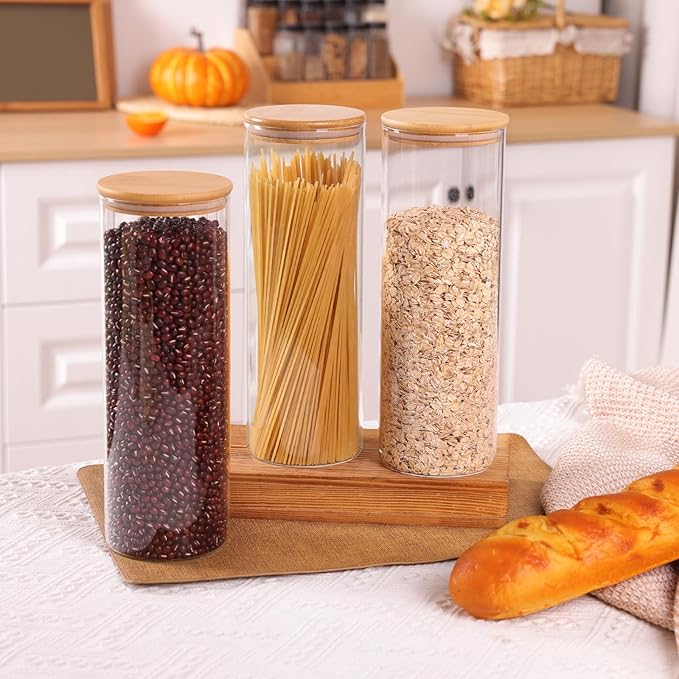 Moretoes 3 Pack 2qt Round Glass Storage Containers with Bamboo Press Lids, Large Airtight Food Storage Jars for Pantry, Flour, Sugar, Dry Goods
