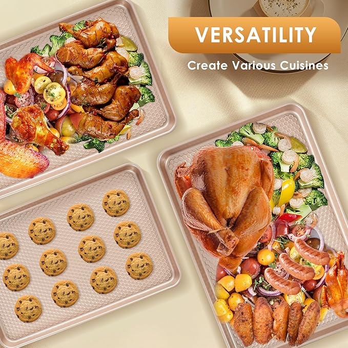 Baking Sheet Pan Set of 3, Nonstick Carbon Steel Cookie Sheets with Texture, Commercial Half/Quarter/Jelly Roll Pans Replacement Toaster Oven Tray, Heavy Duty & Easy Clean, Rose Gold - Image 4