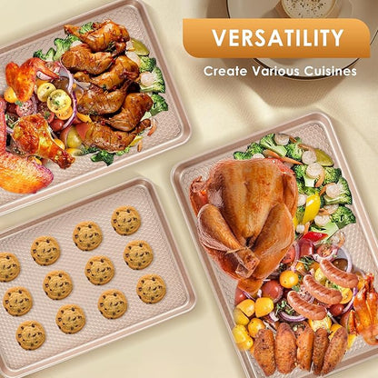 Baking Sheet Pan Set of 3, Nonstick Carbon Steel Cookie Sheets with Texture, Commercial Half/Quarter/Jelly Roll Pans Replacement Toaster Oven Tray, Heavy Duty & Easy Clean, Rose Gold - Image 4