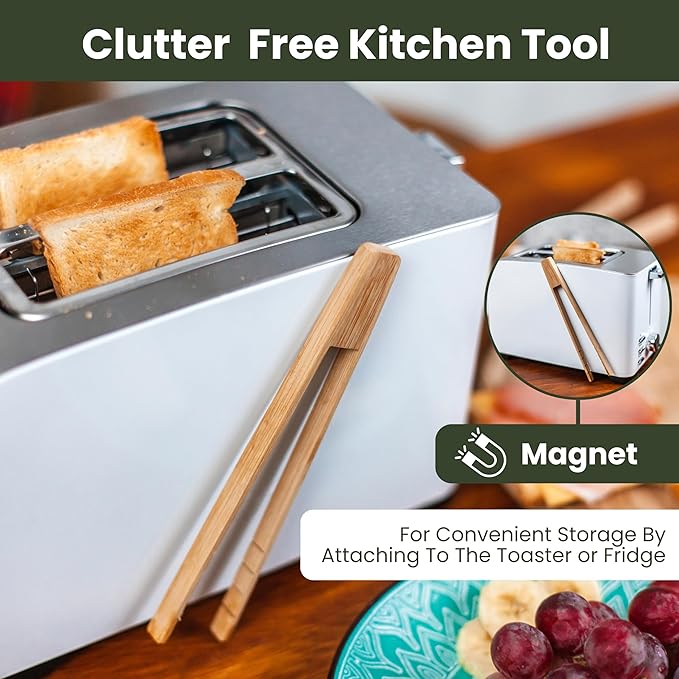 Toaster Tongs With Magnet | Kitchen Utensils For Cooking and Holding Toast Bacon Muffin Bagel Bread | 8 Inch Long Natural Non Toxic Bamboo - Image 3