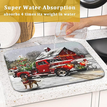 Red Truck Christmas Dish Drying Mat for Kitchen Counter 16x18 Inch Winter Xmas Tree Snowman Dog Print Absorbent Reversible Microfiber Drying Mats Kitchen Countertop Protector Dishes Drainer Rack Pad - Image 7