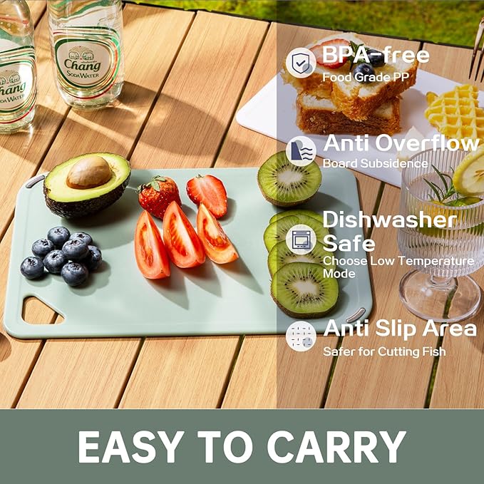 THETCHRY Plastic Cutting Board Set of 3-Cutting Boards for Kitchen BPA Free, Large-Small Chopping Boards Non-Slip for Cooking Camping Dishwasher Safe, Reversible, with Grip Handle, 15"×10"×0.25" Green - Image 3