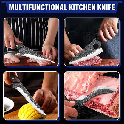 TAN REN 7PCS BBQ Knife Set, Professional Butcher Knives for Meat Cutting, Hand Forged Serbian Chef Knife, Viking, Boning, Skinning Knives & Poultry Shears, Idea Gift for Men Kitchen Outdoor Cooking