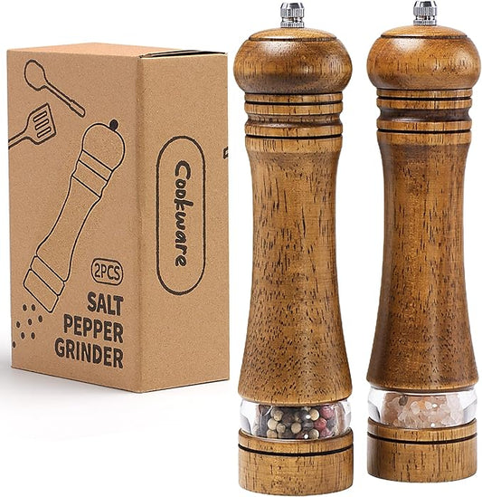 Wooden Salt and Pepper Grinder Set, Premium Oak Wood Salt Grinders Shakers, Pepper Mill with Acrylic Clear Window, Adjustable Ceramic Grinder - 8 inches, 2 Pack