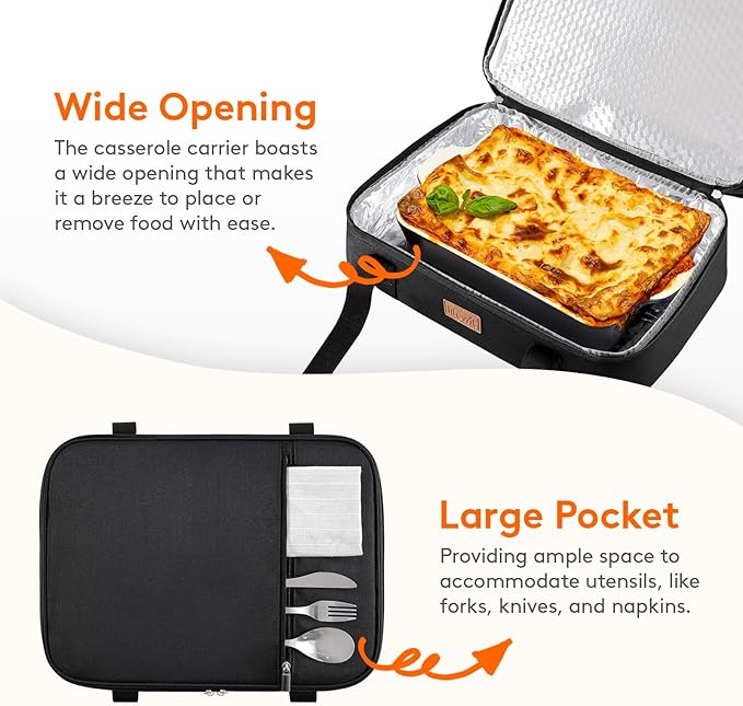 Lifewit Insulated Double Decker Casserole Carrier, Expandable Lasagna Lugger Tote Bag for Hot or Cold Food, Fits 9" x 13" Baking Dish for Potluck Parties, Picnic and Cookouts, Black