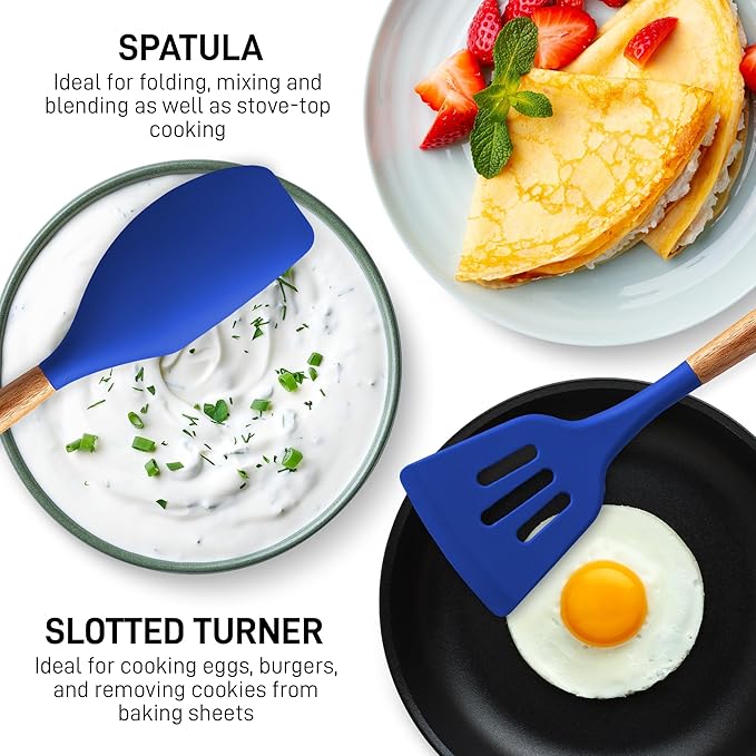 Zulay Kitchen Non-Stick Silicone Cooking Utensils Set with Acacia Wood Handles - 5 Piece Set - Heat Resistant to 464F - Dark Blue - Image 5