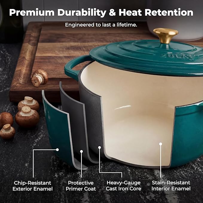 Zulay Kitchen 7.7 Quart Enameled Cast Iron Dutch Oven Pot with Lid – Premium Durability & Oven Safe up to 500°F – Heavy Duty Cookware Perfect for Bread Baking, Stews, Braising & Roasting – Emerald - Image 5