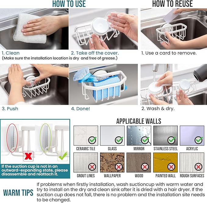 TAILI Sink Caddy with Strong Suction Cup, Sponge Holder for Kitchen Sink Organizer, Removable Sponge Caddy Inside Sink, Rustproof Aluminum Holder for Sponges, Brushes - White - Image 7