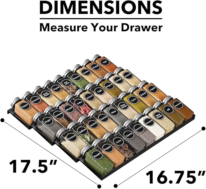 SpaceAid Spice Drawer Organizer with 36 Spice Jars, 386 Spice Labels, 4 Tier Seasoning Rack Tray Insert for Kitchen Drawers, 16.75" Wide x 17.5" Deep - Image 4