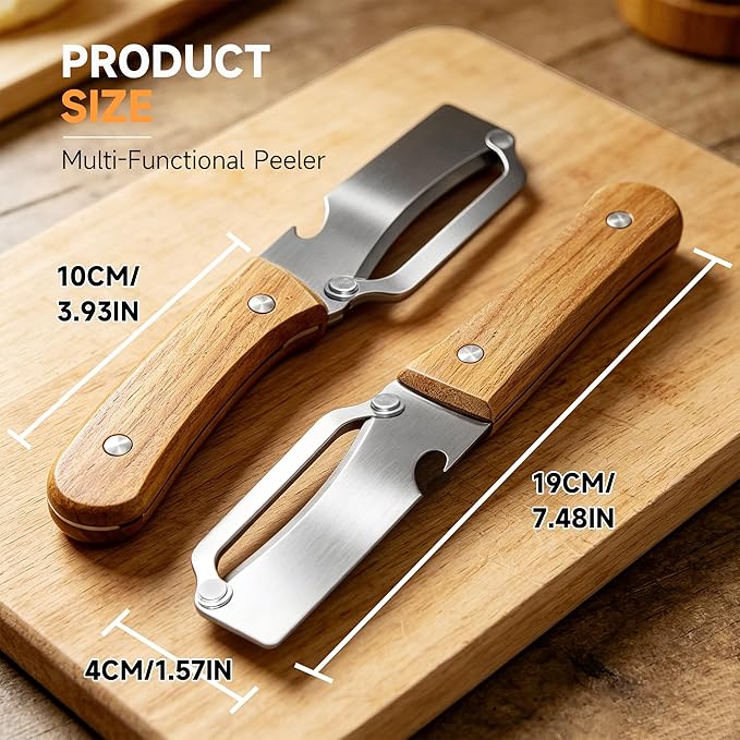 2PCS Multifunctional Vegetable Peeler, Premium Vegetable Peeler with Wooden Handle, 2-in-1 Peelers For Kitchen with Bottle Opener, Stainless Steel Blade Kitchen Tool for Vegetables Fruit