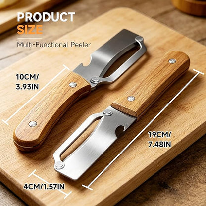 2PCS Multifunctional Vegetable Peeler, Premium Vegetable Peeler with Wooden Handle, 2-in-1 Peelers For Kitchen with Bottle Opener, Stainless Steel Blade Kitchen Tool for Vegetables Fruit