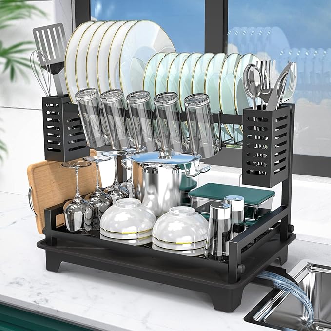 B-Land Dish Drying Rack: 2 Tier Dish Racks for Kitchen Counter and Sink - Large Dish Drying Rack with Drainboard & Utensil Holders - Stainless Steel Dish Drainers Kitchen Organization and Storage by B-Land
