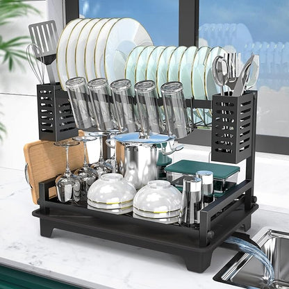 B-Land Dish Drying Rack: 2 Tier Dish Racks for Kitchen Counter and Sink - Large Dish Drying Rack with Drainboard & Utensil Holders - Stainless Steel Dish Drainers Kitchen Organization and Storage by B-Land