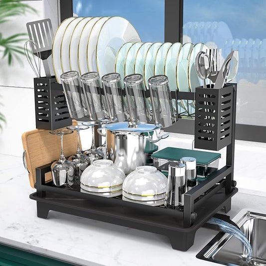 B-Land Dish Drying Rack: 2 Tier Dish Racks for Kitchen Counter and Sink - Large Dish Drying Rack with Drainboard & Utensil Holders - Stainless Steel Dish Drainers Kitchen Organization and Storage by B-Land